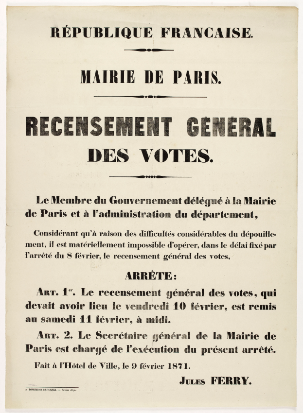 Ein altes Plakat mit der Aufschrift "Recensement Général des Votes", wahrscheinlich im Zusammenhang mit der allgemeinen Wahl der Republik Frankreich.