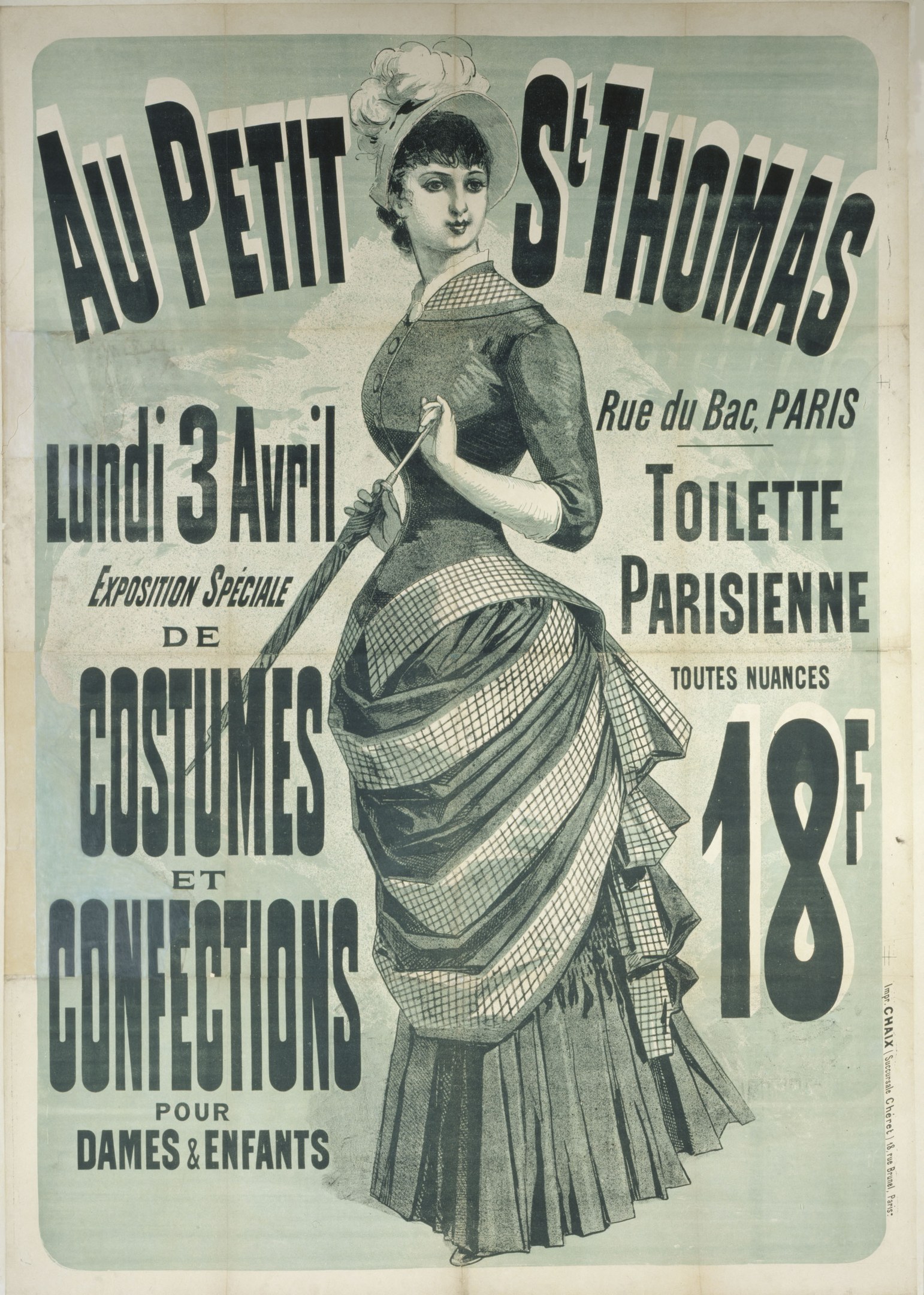 Ein Vintage-Plakat, das eine Kostümvorstellung bewirbt und eine Frau in einem langen, hochgeschlossenen, langärmeligen Kleid mit einem Dutt zeigt, die anmutig mit gefalteten Händen posiert.