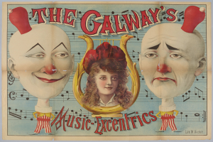 Ein Plakat für die Galway Music Excentrics mit einer Frau in der Mitte und zwei Clowns daneben, beschreibender Text auf dem Plakat.
