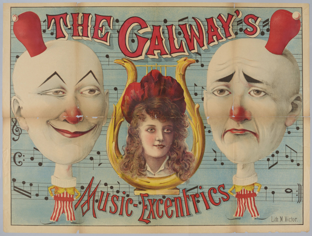 Ein Plakat für die Galway Music Excentrics mit einer Frau in der Mitte und zwei Clowns daneben, beschreibender Text auf dem Plakat.