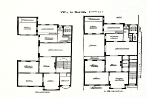 Schwarz-weißer Architekturplan eines Berliner Hauses mit beschrifteten Raumgrößen, Fenster- und Türpositionen und Text zur Gebäudestruktur.