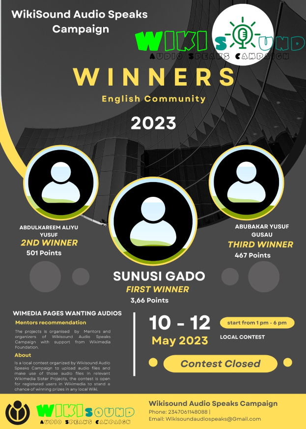 Ein buntes Plakat mit einem blauen Hintergrund und gelber und weißer Schrift, die "Gewinner" in fetter Schrift zeigt, mit lachenden Menschen in der Mitte.