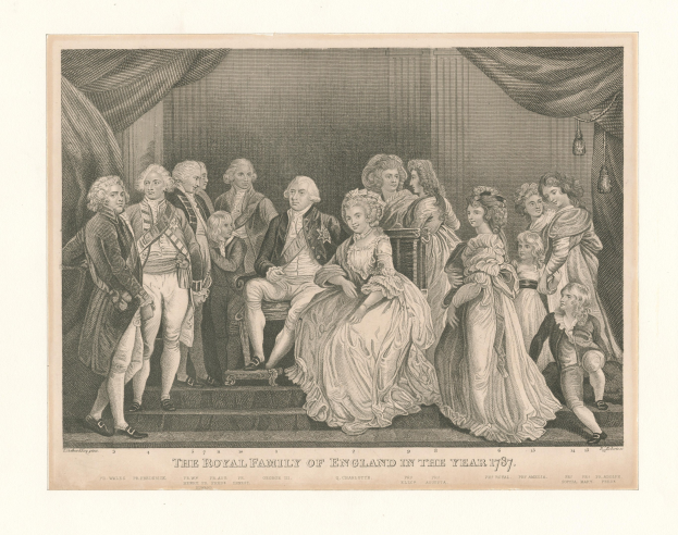 Gruppenporträt der englischen Königsfamilie im Jahr 1787, sitzend und stehend auf einer Treppe mit einem Vorhangwand-Hintergrund und Text unten.
