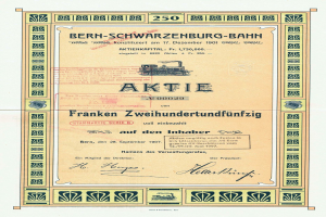 Altes deutsches Regierungsaktienzertifikat für Bern-Schwarzenburg-Bahn mit einer Illustration eines Zuges.