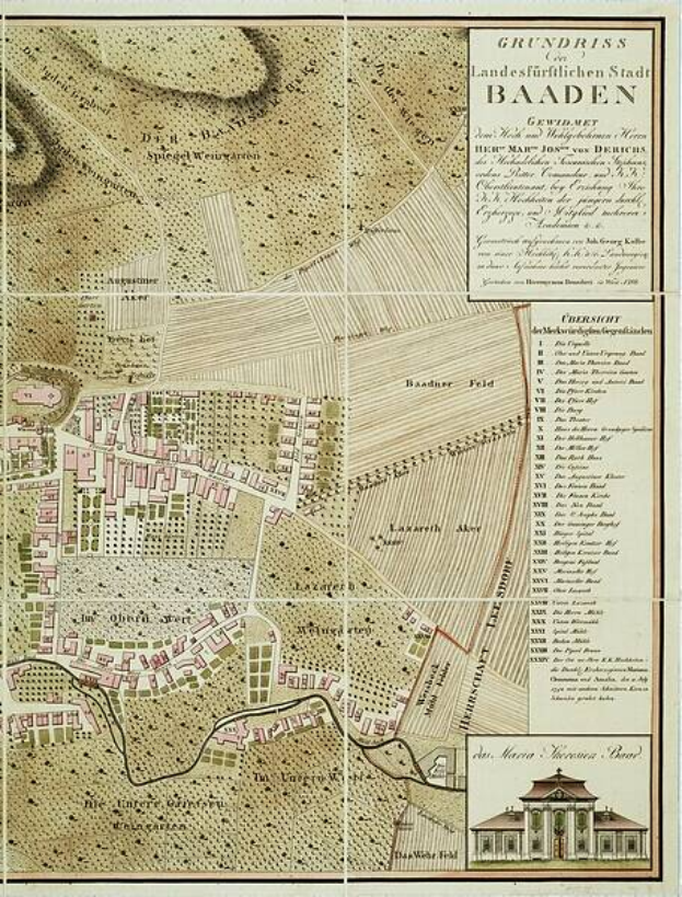 Ein detaillierter alter Stadtplan von Baden-Württemberg, Deutschland, der Straßen, Gebäude und Sehenswürdigkeiten zeigt, mit einem Gebäude in der rechten unteren Ecke und Text, der Stadtinformationen bereitstellt.