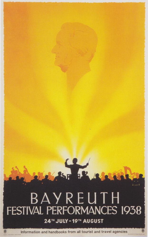 Ein Plakat für die Bayreuther Festspiele 1938, das eine zentrale Figur inmitten einer Gruppe zeigt, umgeben von Texten mit Informationen zum Festival.