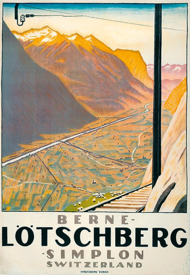 Schweizer Alpenbahnplakat von Bern nach Lötschberg, Schweiz, mit einer Landschaft aus sanften Hügeln, gewundenen Straßen und einem klaren blauen Himmel mit der Aufschrift "Bern Lötschberg - Simplon Schweiz".