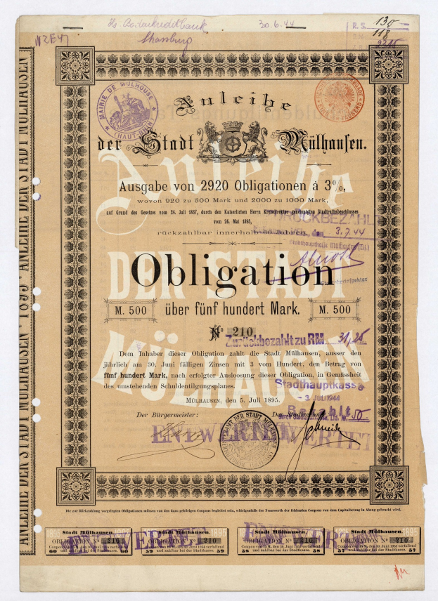 Altes deutsches Wertpapier mit Text, Stempeln und einem weißen Hintergrund, das eine finanzielle Verpflichtung anzeigt.