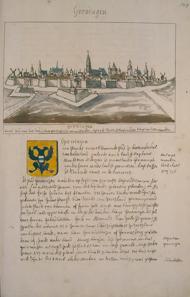 Offenes Buch mit einer detaillierten Stadtansicht von Groningen, Niederlande, zusammen mit Text und einem Logo.