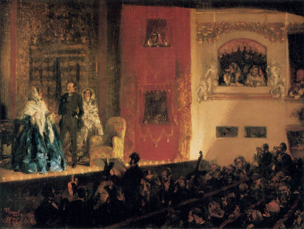 Gemälde namens 'Die Oper' (1856) zeigt eine Gruppe von Darstellern auf der Bühne mit Instrumenten und Stühlen vor einem Publikum und einer Wand.