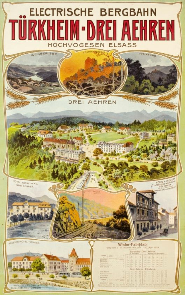 Plakat, das Bergbahn, Deutschland als elektrisches Stadt zeigt, mit Gebäuden, Bäumen, Hügeln und beschreibendem Text.