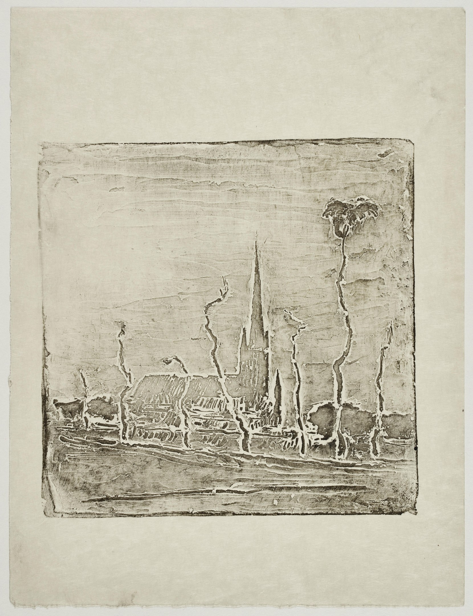 Schwarze und weiße Zeichnung einer Stadtlandschaft mit einer Kirche im Hintergrund auf einem Stück Papier.