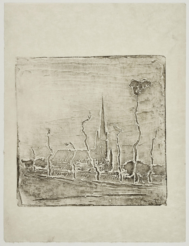 Schwarze und weiße Zeichnung einer Stadtlandschaft mit einer Kirche im Hintergrund auf einem Stück Papier.