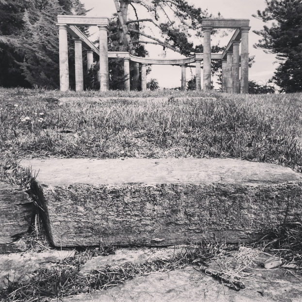 Ein Schwarz-Weiß-Bild einer grasigen Fläche im Vordergrund mit einer Baustelle und Bäumen auf beiden Seiten im Hintergrund.