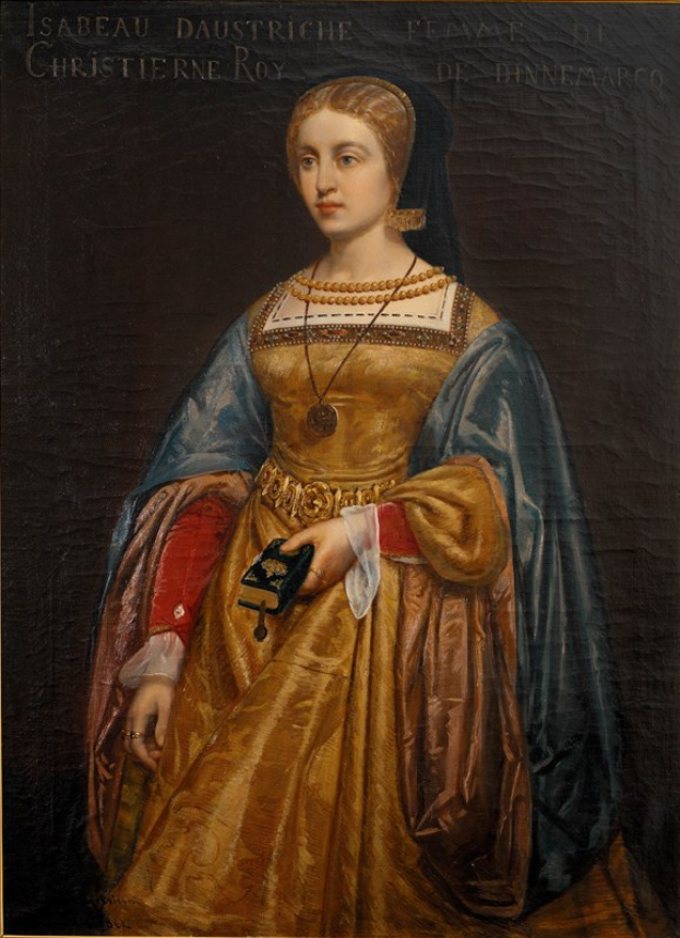 Gemälde von Isabella daustriche in einem goldenen Kleid mit detailreichen Verzierungen, ihr Haar zu einem ordentlichen Knoten gebunden, mit einer majestätischen und friedlichen Miene.